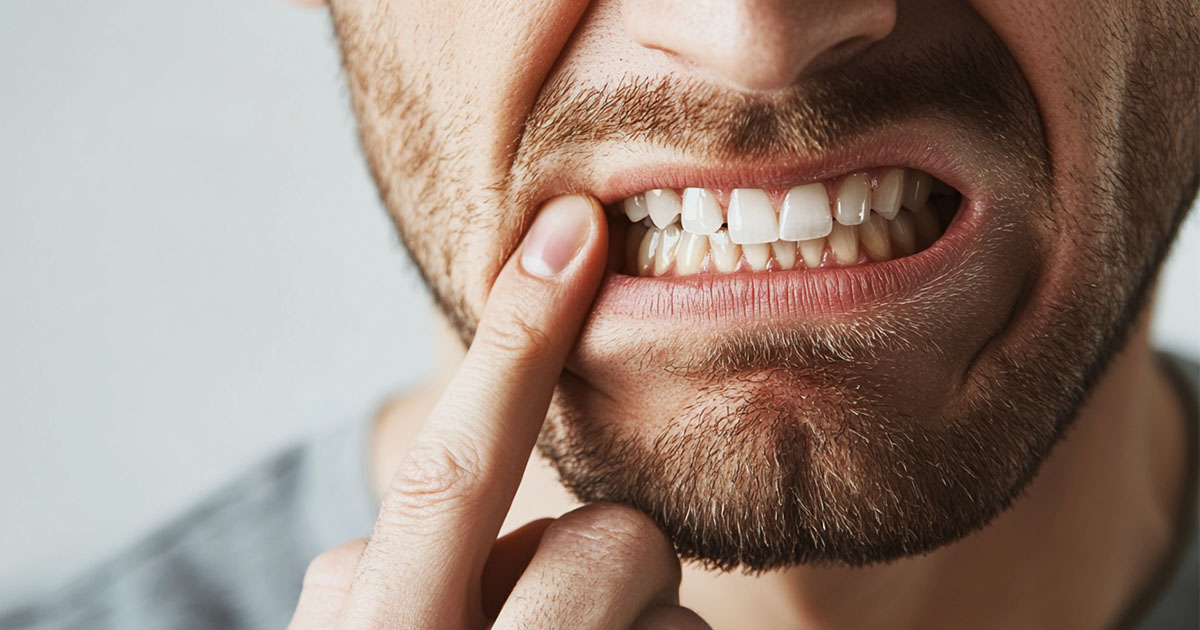 Persona con bruxismo tocándose la mandíbula por tensión muscular
