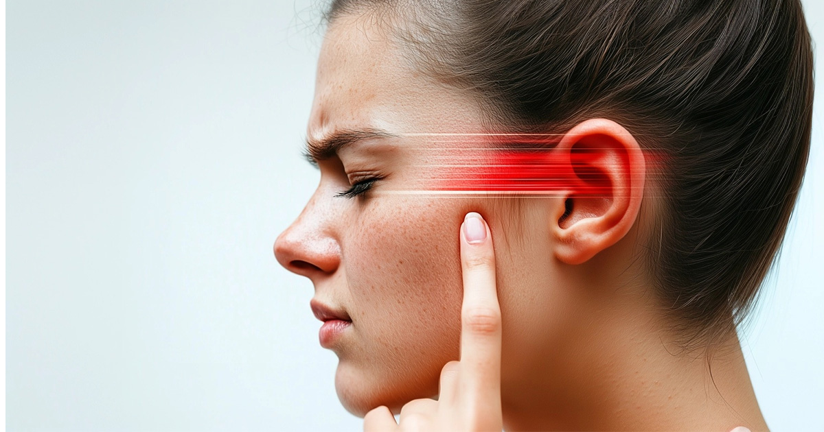 Paciente tocándose el oído por ruidos en la mandíbula durante consulta clínica en Valdivia